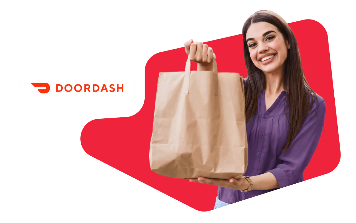 Smiling woman holding a brown paper bag with DoorDash logo in the background.
