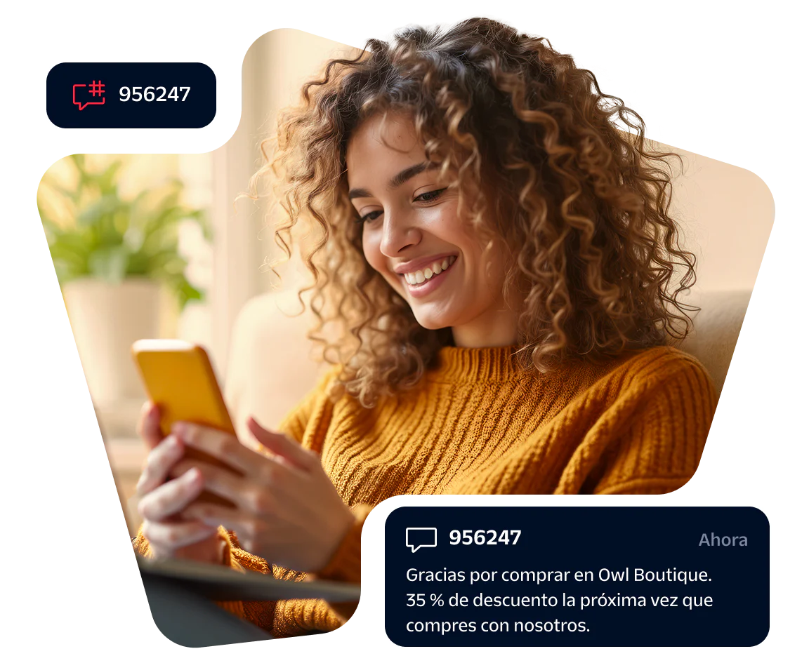 Woman Receiving Discount Notification on Smartphone Smiling woman looking at smartphone with discount notification popup on screen.