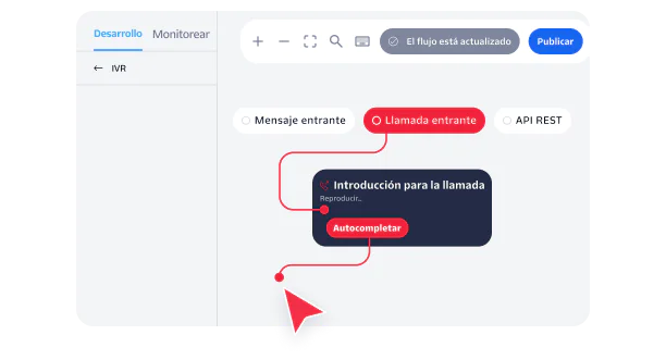 Software interface showing an IVR system design with options for incoming messages, calls, and API actions.