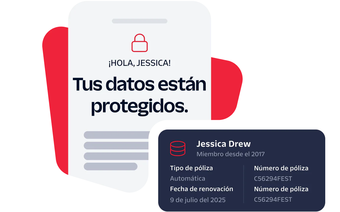 A digital card notifies Jessica Drew that her data is secured with policy details and renewal date.