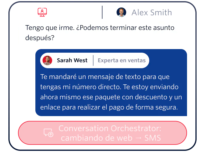 A web chat between Alex Smith and Sarah West, switching to SMS with a conversation orchestrator.