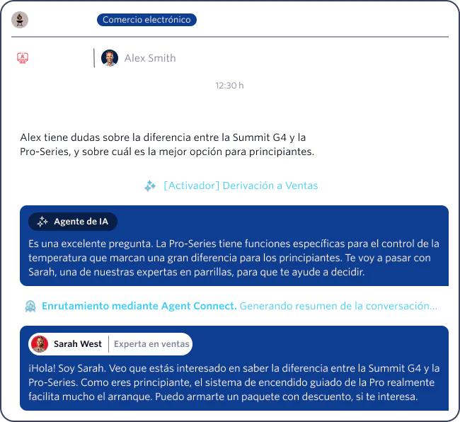 Screenshot of an AI and human agent assisting a customer in a web chat about the Summit G4 and Pro-Series grills.