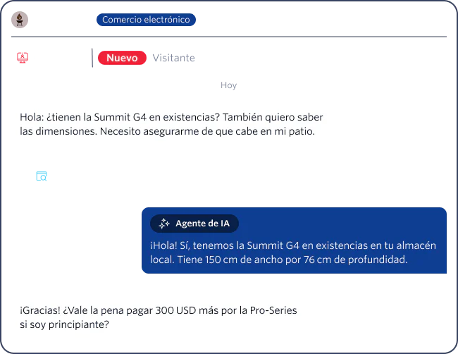 Web chat showing a customer inquiring about the dimensions of the Summit G4 grill and an AI assistant responding.