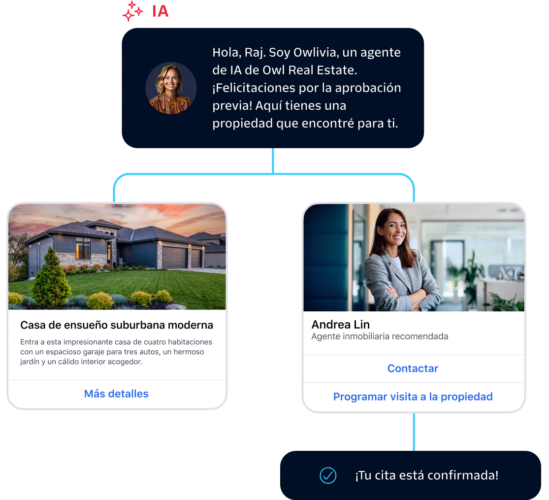 AI agent congratulates Raj on pre-approval and recommends a modern home with a realtor.