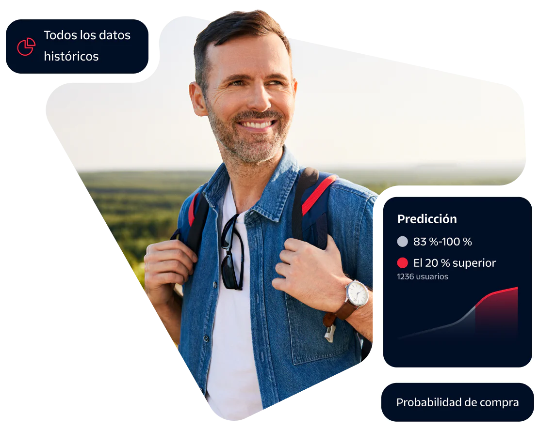 Smiling man with backpack, overlay of data charts, and Launch Campaign button