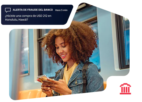 Smiling couple looking at phone with various communication icons overlayed.