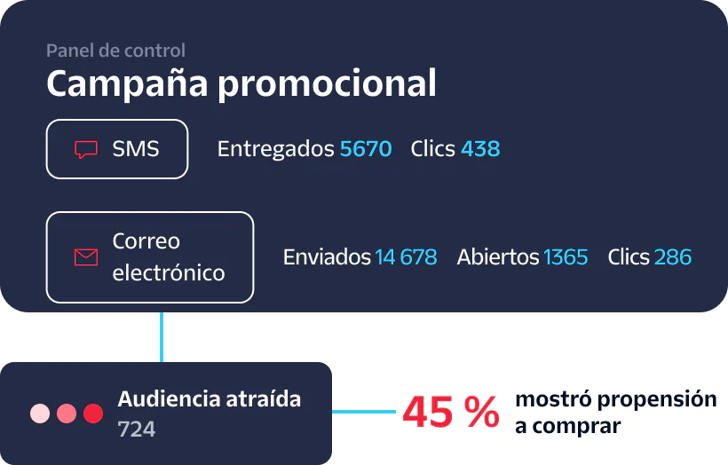 Promotional campaign dashboard showing SMS and Email metrics along with engaged audience and buying propensity.