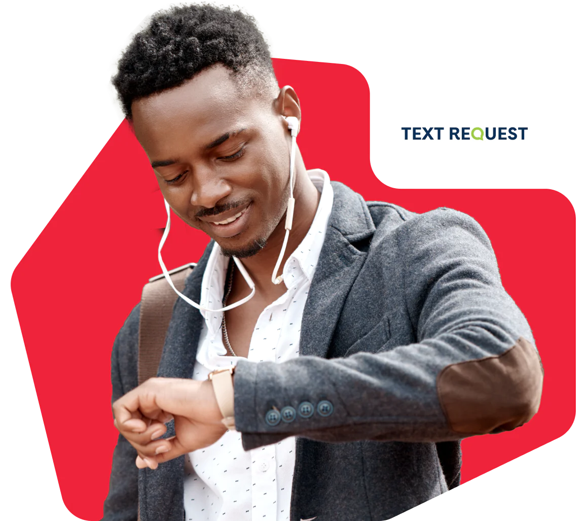 Man with earbuds looks at his watch with Text Request logo in the background.