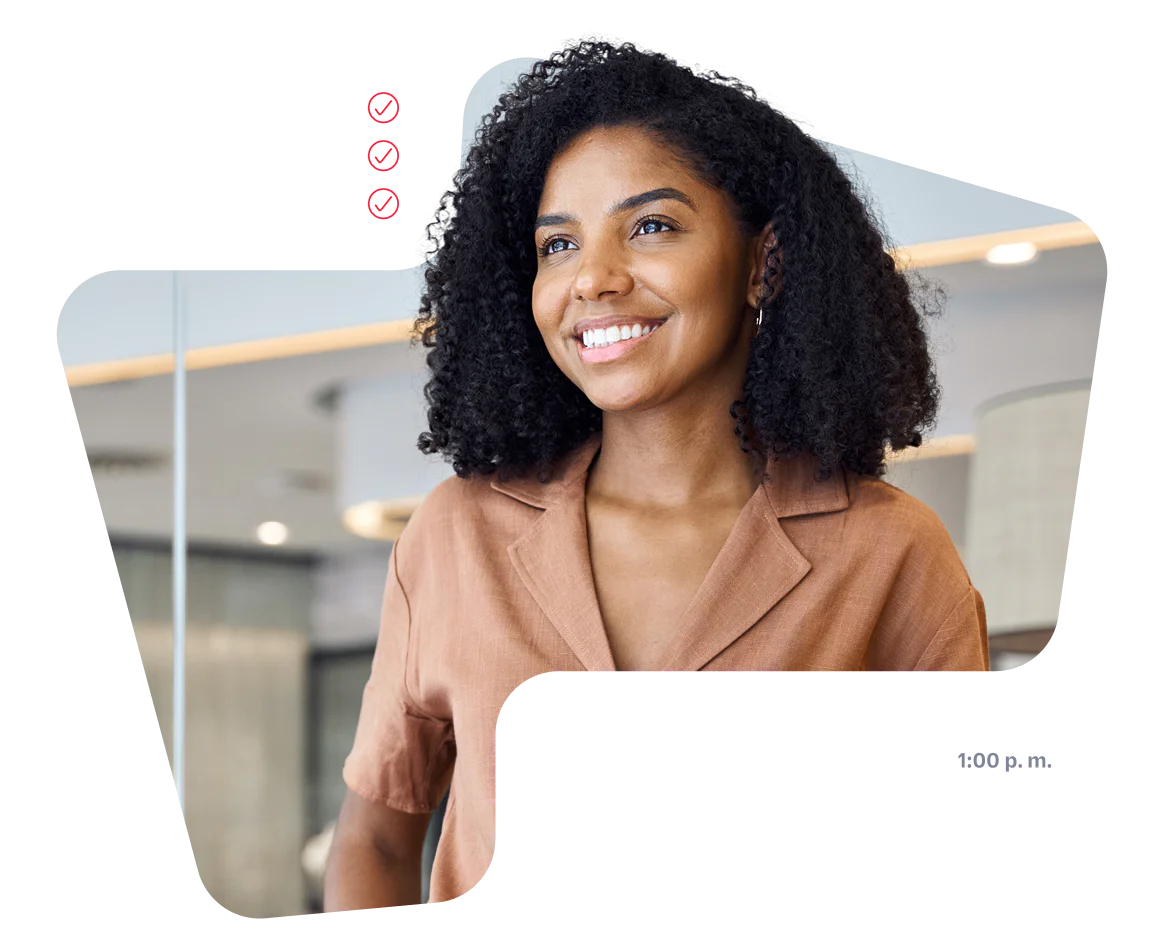 Smiling woman with order status updates from Owl Bakery including order received, preparing, and notification sent.