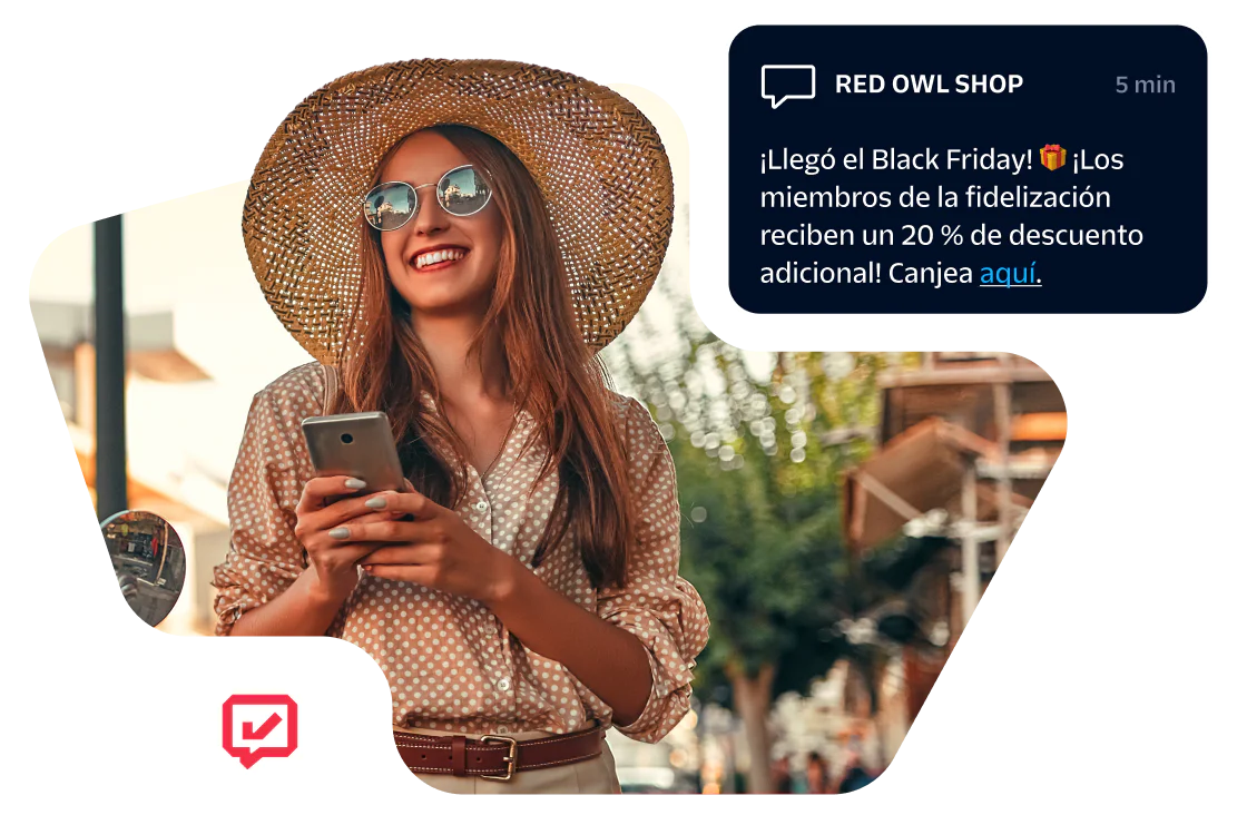 Woman wearing sunglasses and hat, holding smartphone with Black Friday sale notification on-screen.