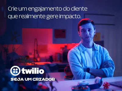 Man standing with crossed arms in a tech office, promoting Twilio, with tagline on customer engagement.