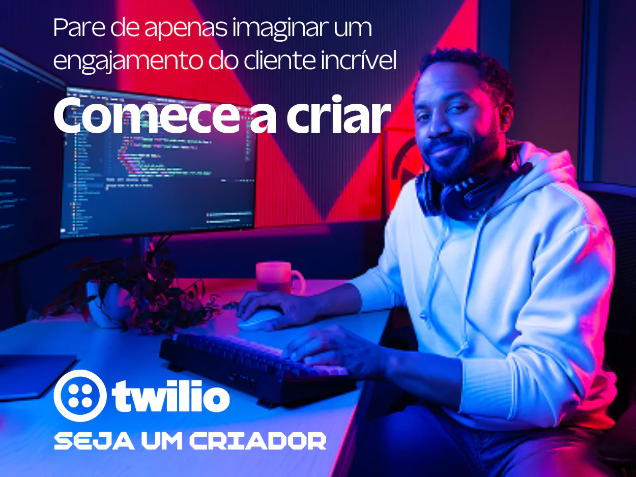 A content creator in a hoodie sits at a desk with dual monitors and Twilio branding.