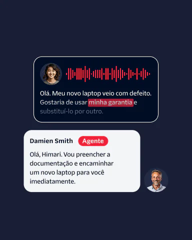 Chat interface where a customer reports a laptop issue and a support agent processes a warranty replacement.