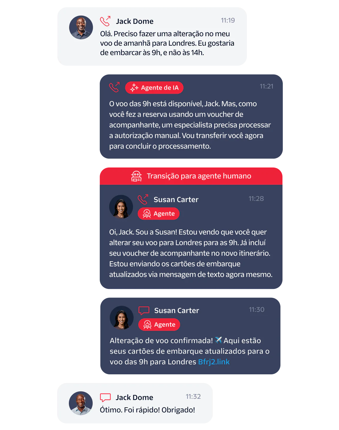Chat conversation between Jack and Susan about changing a flight time using a companion voucher.