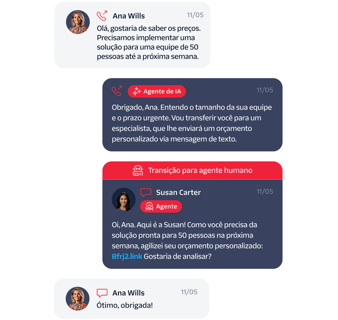 Chat between a customer, AI agent, and human agent discussing a solution for a 50-person team.