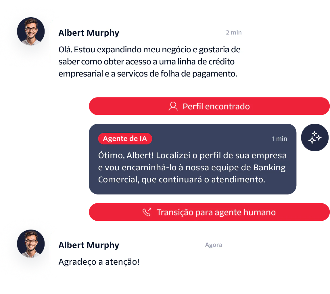 Chat exchange where Albert Murphy asks about business services, AI agent finds profile, then escalates to human agent.