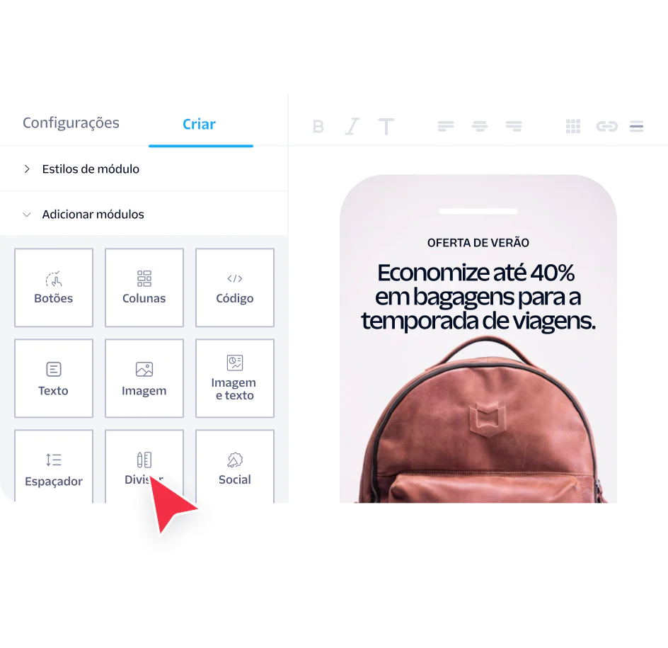 Email builder showing tools and a preview of a summer sale ad for travel season bags
