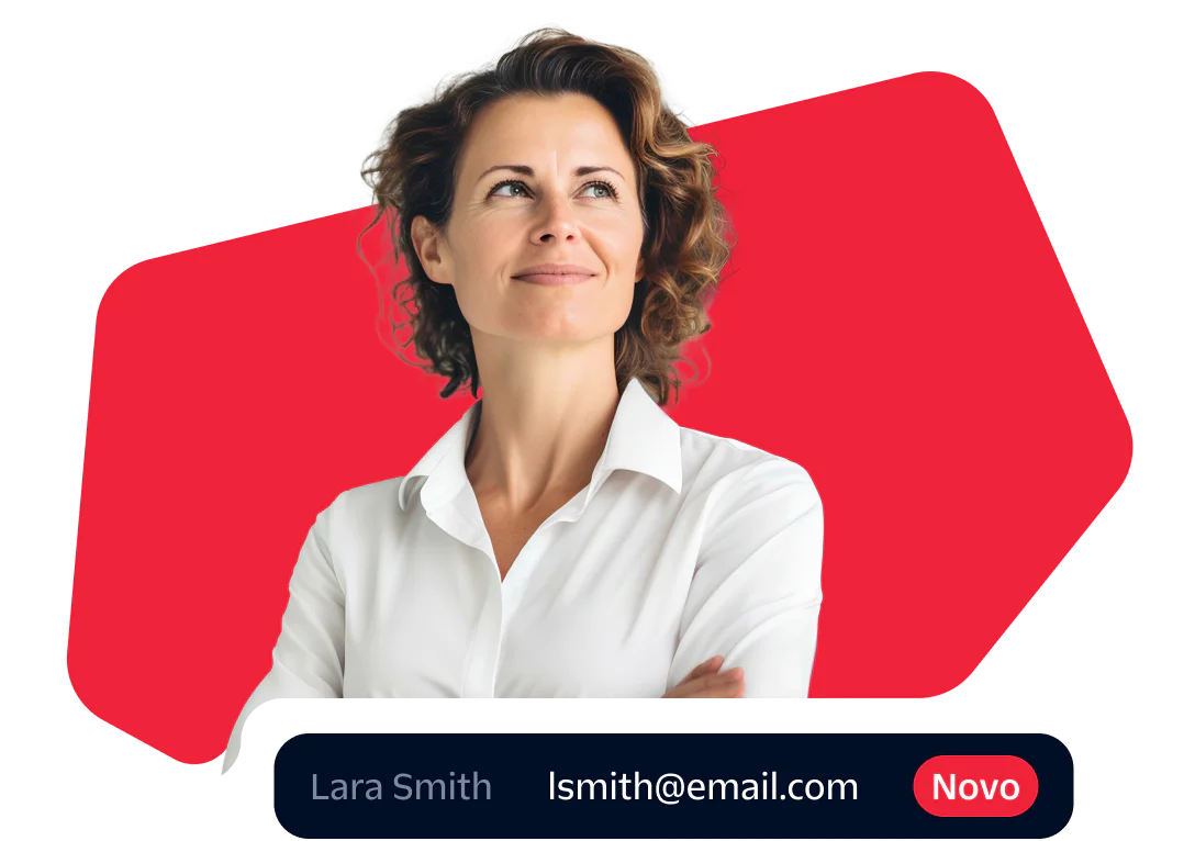 Professional Woman with Email Notification Woman in white shirt looking confident with an email address and new message alert