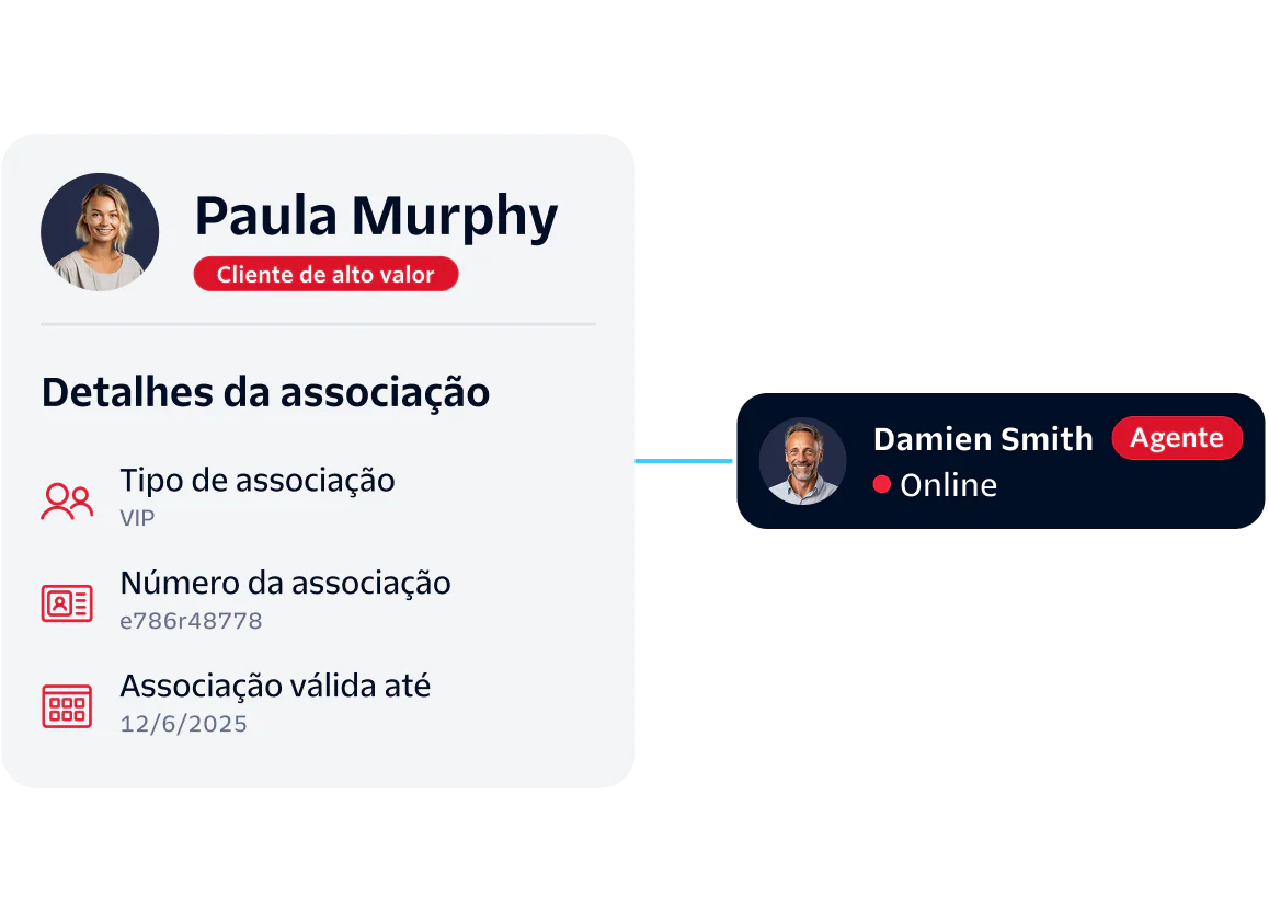 Customer profile with membership details and connection to a support agent.