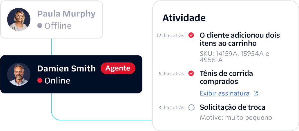 Dashboard showing two agent statuses and customer activity log with details of recent actions.