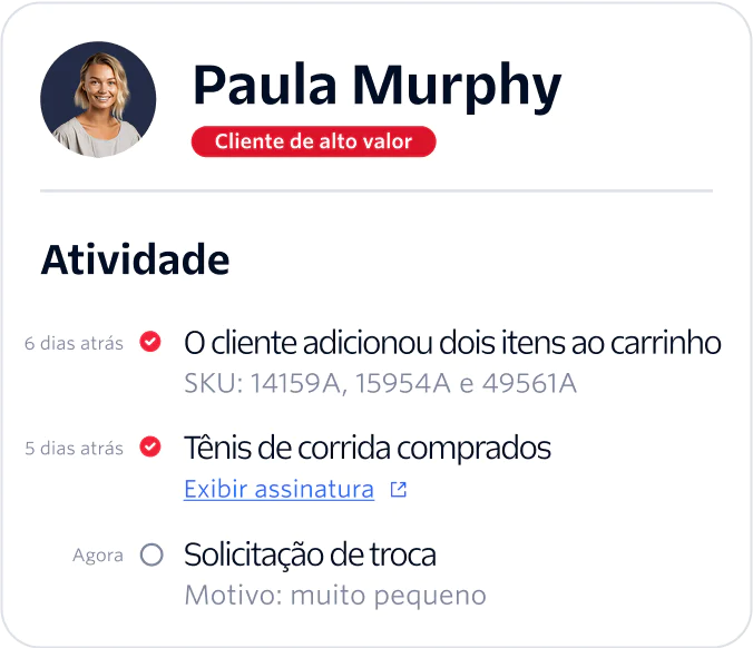 A dashboard showing Paula Murphy's recent shopping activity and her status as a highly valued customer.