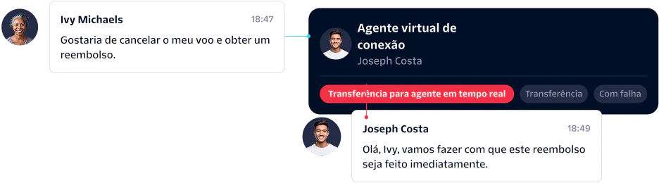 Customer Request for Flight Cancellation and Refund A customer asks a virtual agent to cancel a flight and get a refund; the request is handed off to a live agent.