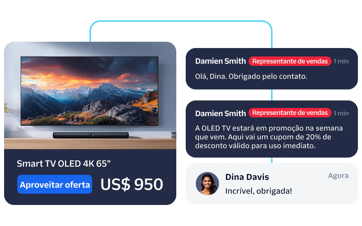 Sales rep chats with customer about a $950 Smart TV OLED 4K 65 offer.