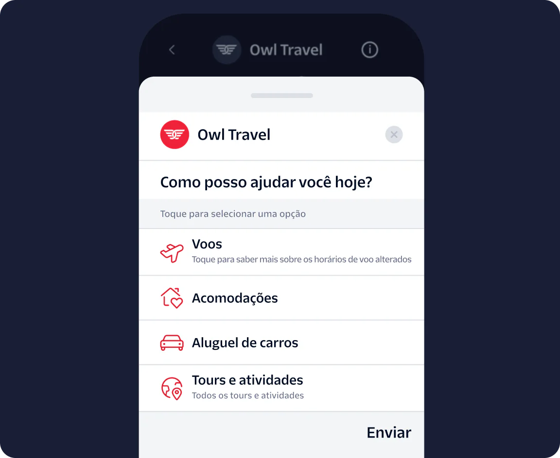 Owl Travel app screen with options for flights, accommodations, car rentals, and tours.