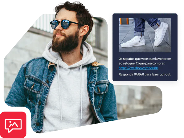 Man in denim jacket and sunglasses with phone text about shoes being back in stock.