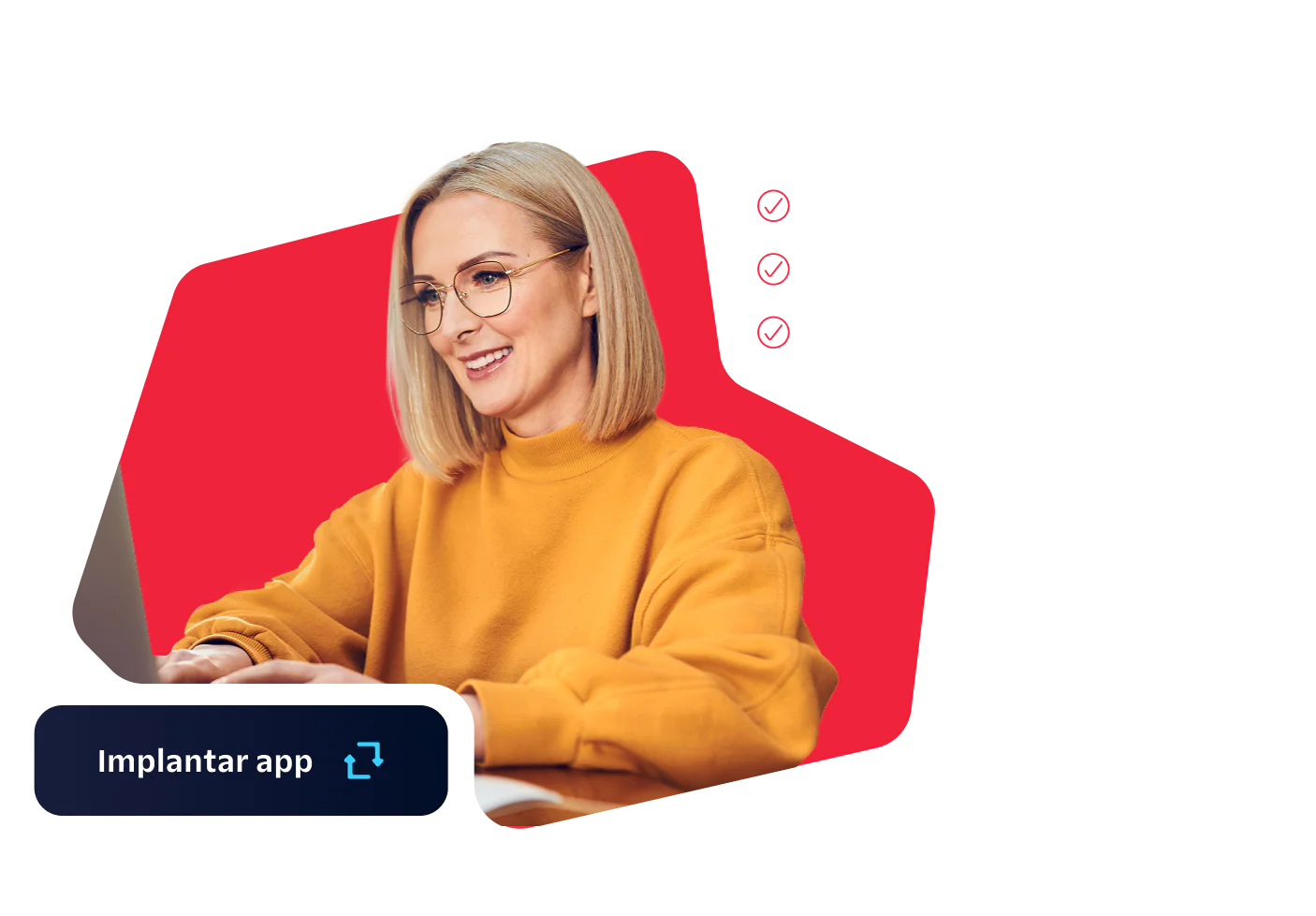 Woman in yellow sweater using a laptop with a Deploy App button and confirmed deployment status