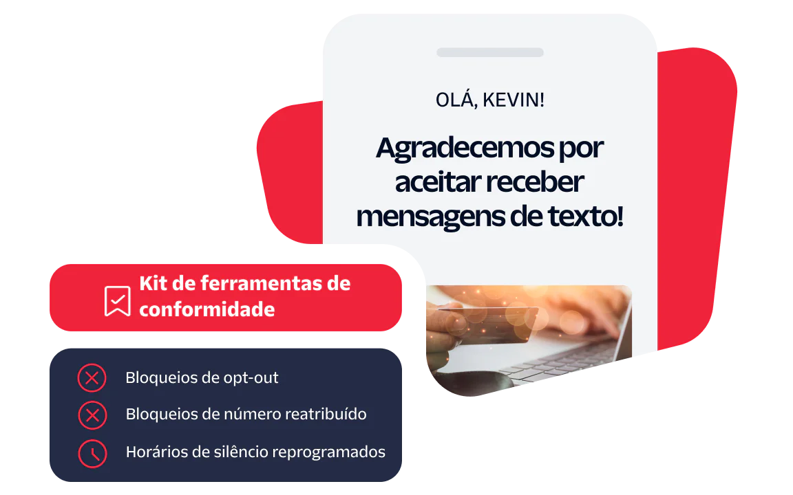 Text Message Opt-In Confirmation with Compliance Toolkit A phone screen showing a message thanking Kevin for opting in to receive text messages, with Compliance Toolkit details.