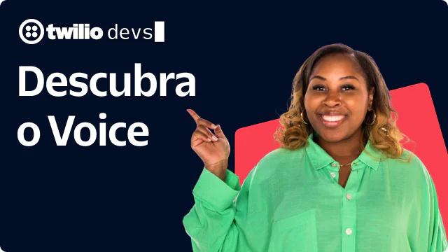 Woman in green shirt pointing upward, with Twilio Devs Learn Voice text on dark blue background.