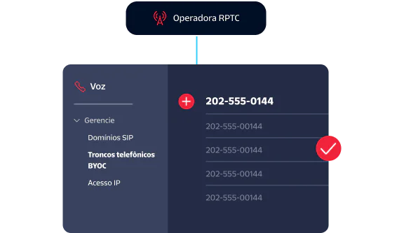 Chart showing a PSTN carrier connected to voice management options like SIP domains and BYOC trunks.