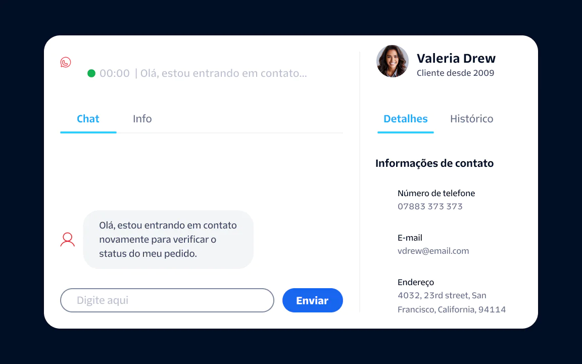 Customer Service Chat Interface with Contact Information A chat window showing a customer's message, contact details, and an info tab with Valeria Drew's profile.