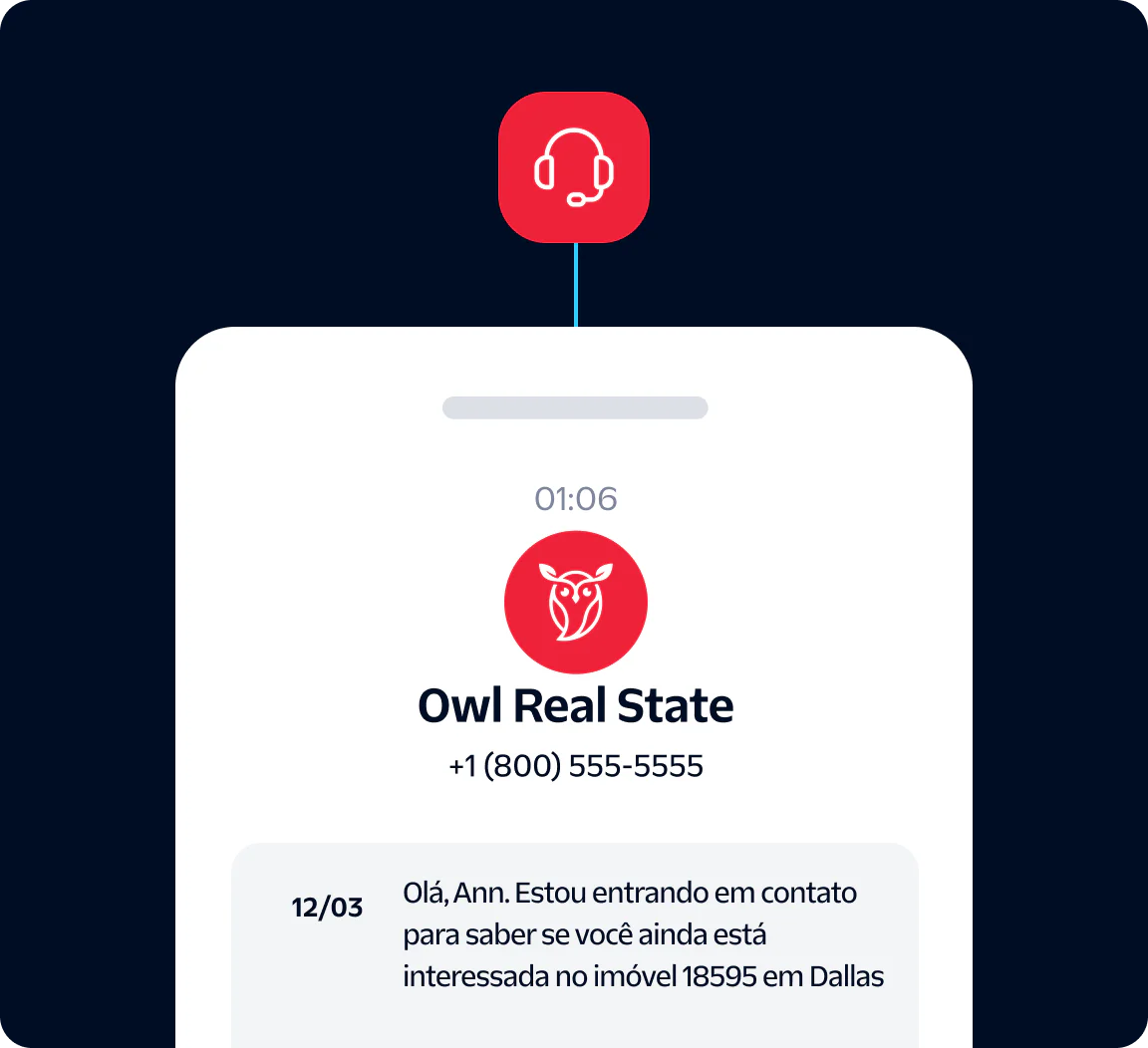 Text message from Owl Real State following up on interest in Dallas property, shown on a smartphone screen.