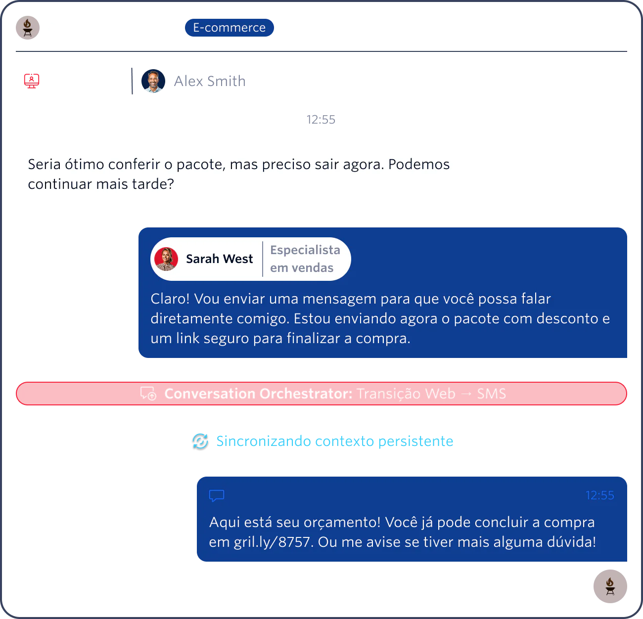 Chat between a customer and a sales expert about the Summit G4 Grill bundle with SMS follow-up link.