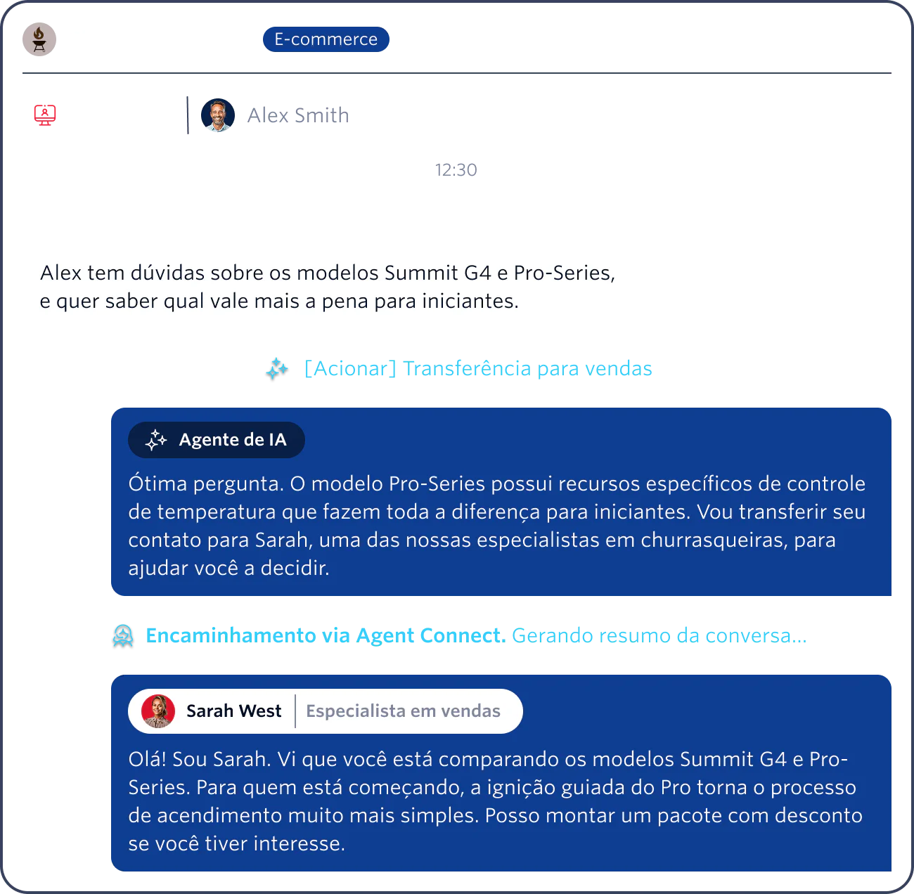 Screenshot of an AI and human agent assisting a customer in a web chat about the Summit G4 and Pro-Series grills.