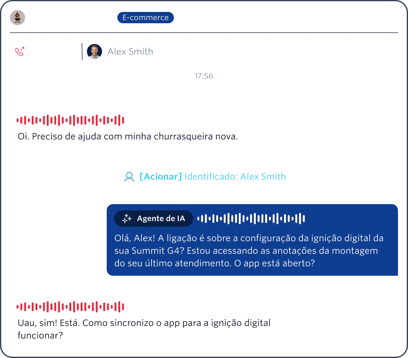 Chat interface showing conversation between customer Alex Smith and AI agent about Summit G4 Grill setup.