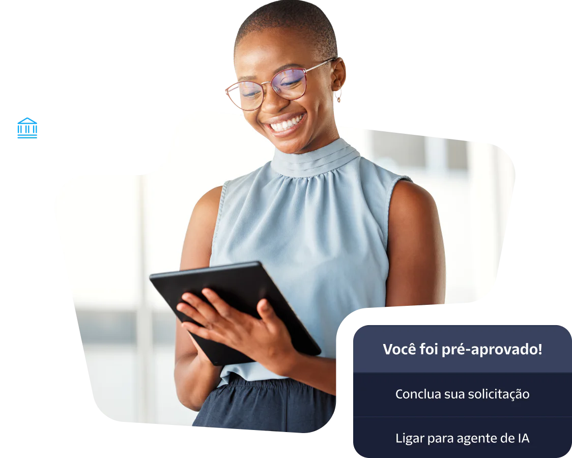 Smiling woman using a tablet for a loan application with Owl Loans and pre-approval notification.