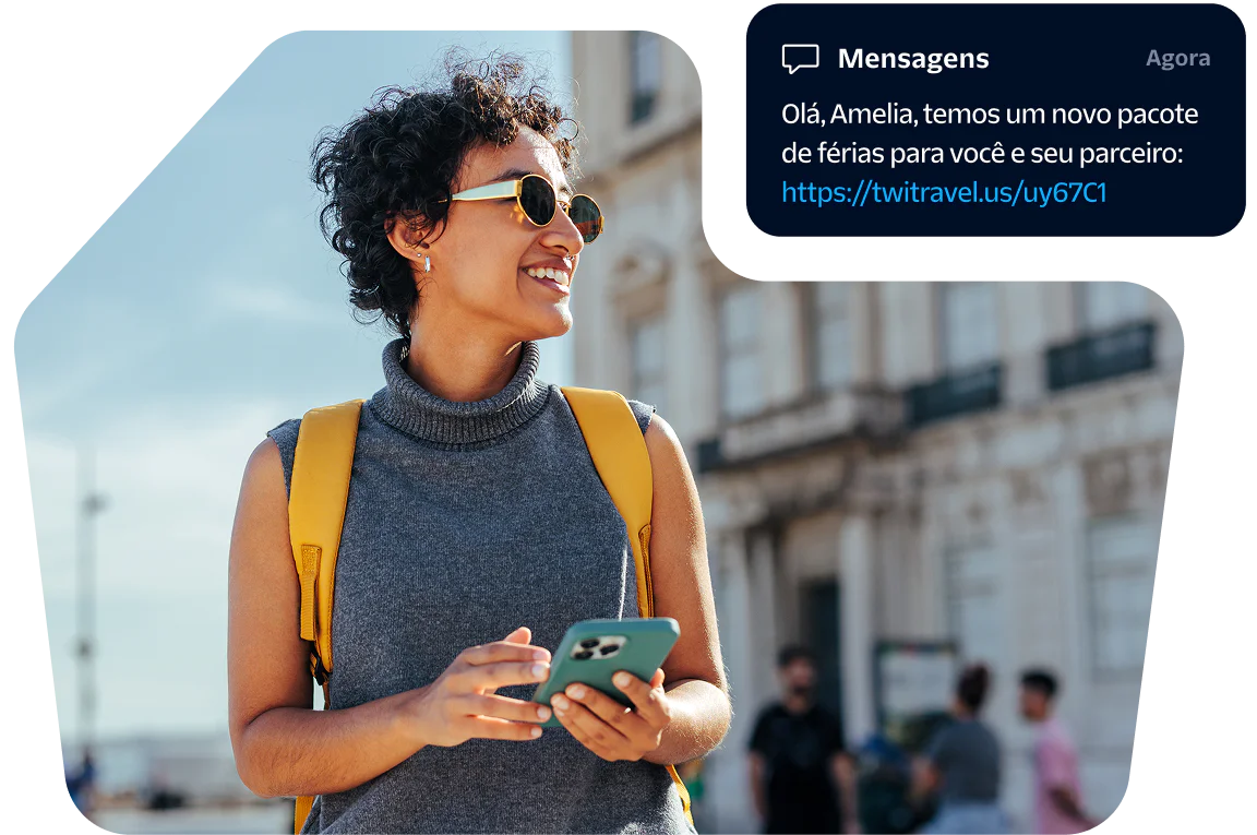 Woman with curly hair wearing sunglasses and a backpack, holding a phone, with a vacation offer text on screen.