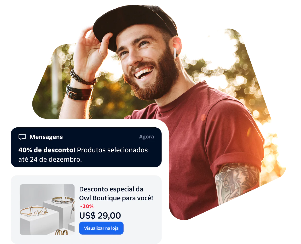 Smiling man wearing a red shirt with promotional messages about a 40% off sale and a special discount from Owl Boutique.