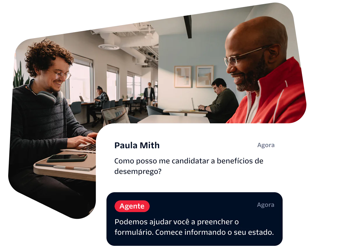 Two people working in an office, with a conversation about unemployment benefits on the screen.
