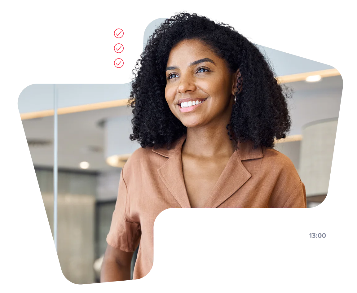 Smiling woman with order status updates from Owl Bakery including order received, preparing, and notification sent.