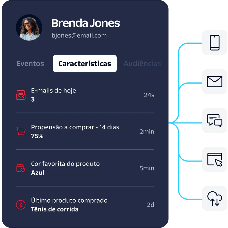 Dashboard displaying user traits such as email activity, purchase propensity, preferences and last product bought.