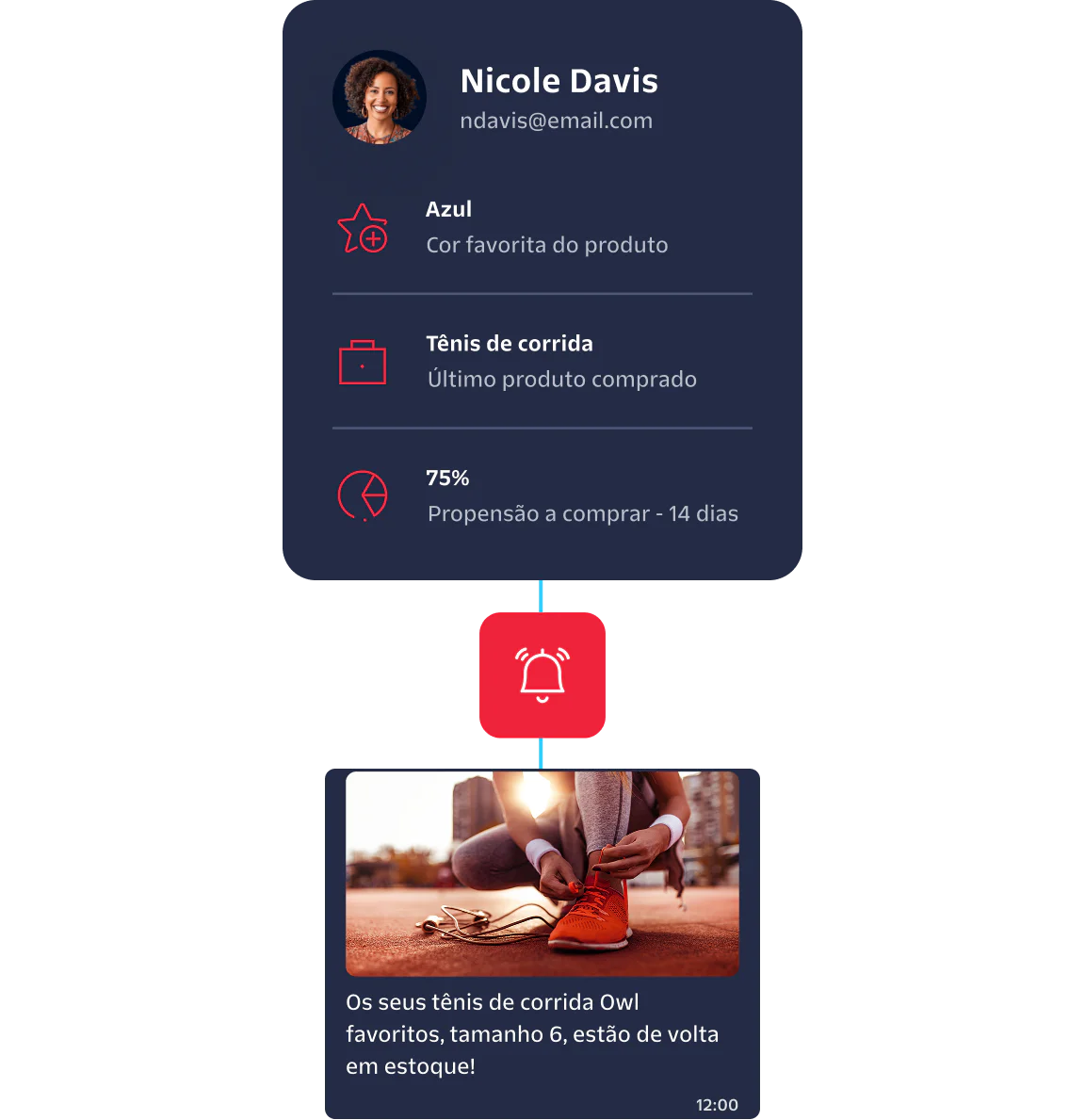 Personalized shopping notification showing Nicole's preferences and recent purchase.