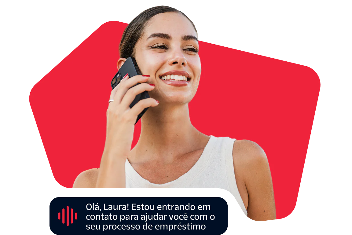 Woman on a phone call offering loan assistance Woman smiling while talking on the phone about a loan process