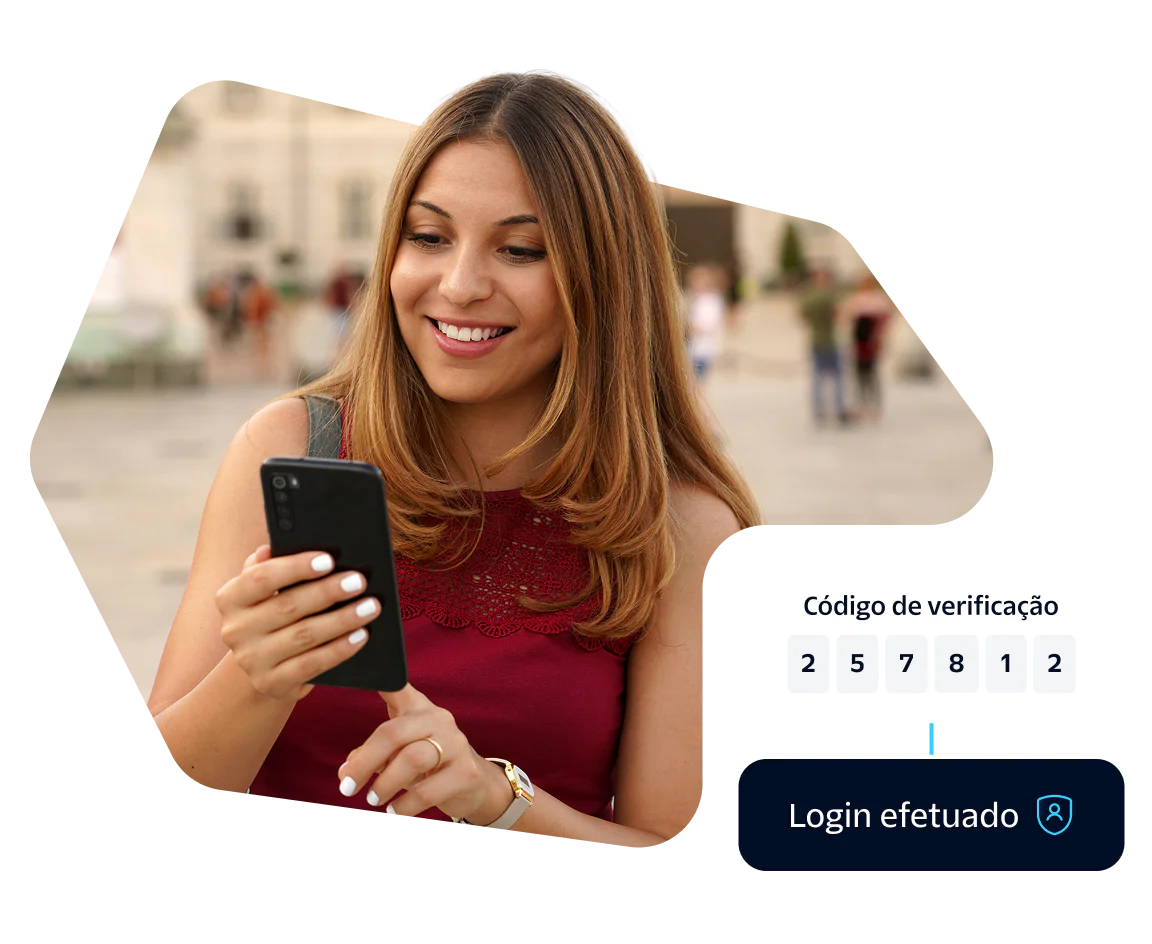 Woman entering verification code on smartphone with a Successful login message displayed.